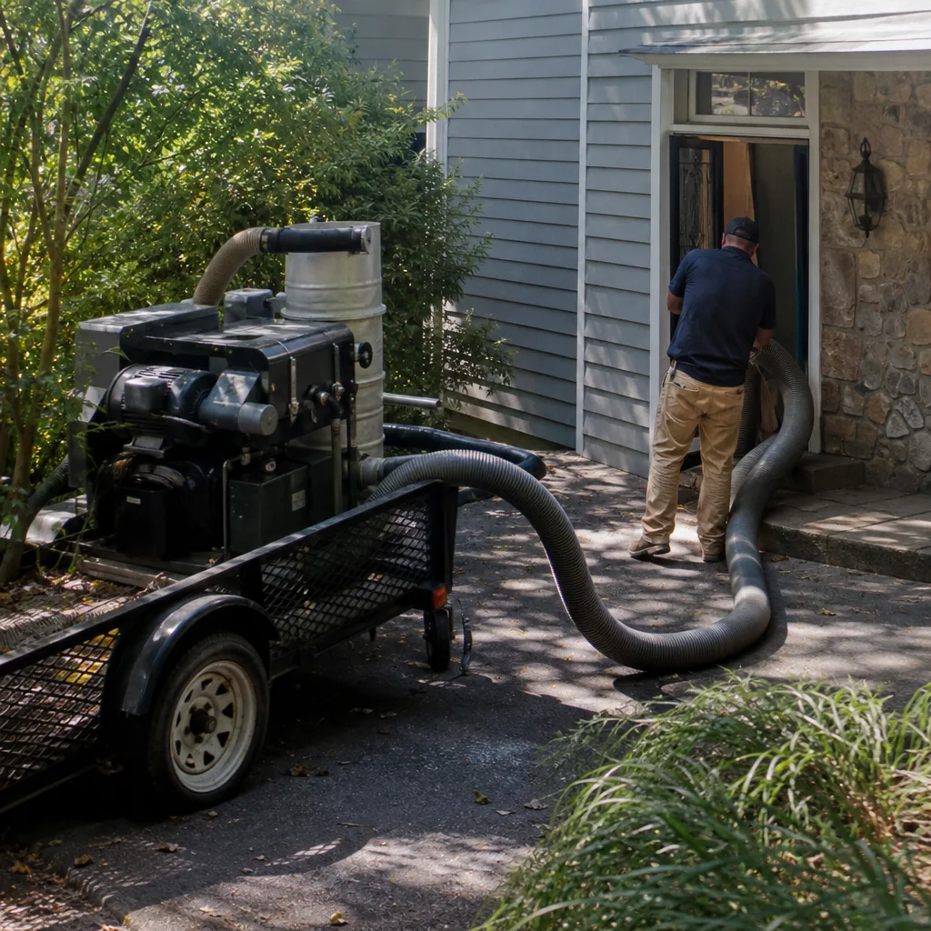 Technician using professional industrial equipment for air duct cleaning services.