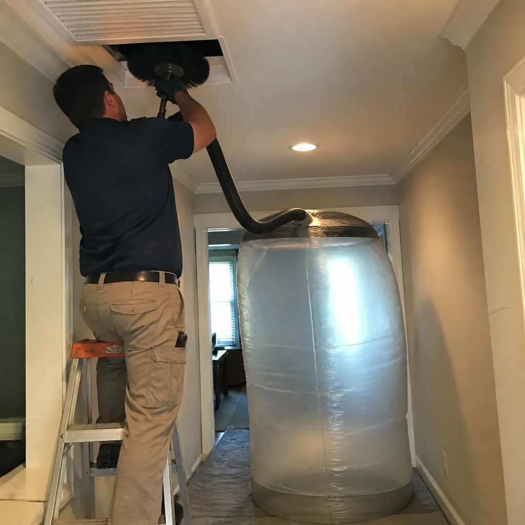 Technician performing professional air duct cleaning service in a home
