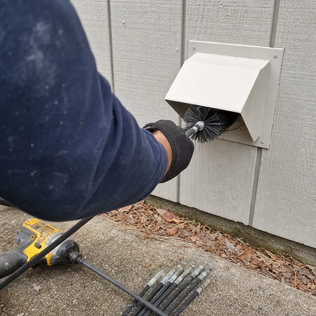 Technician using a rotary brush to clean an exterior dryer vent